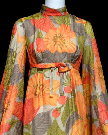 BOB BUGNAND Sam Friedlander,  Martha Weathered, vintage 1960s evening dress, Orange floral angel sleeves