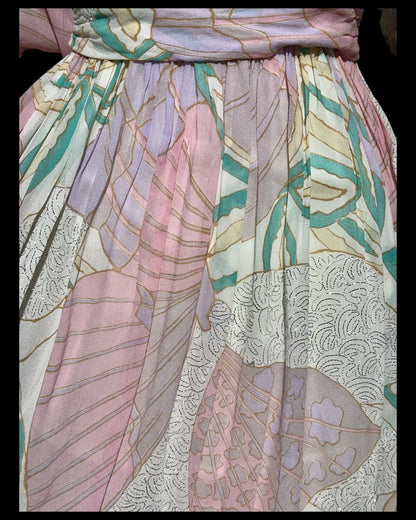 FRANK USHER LONDON, vintage 1970s evening dress, Pastel floral chiffon, Off shoulder gown