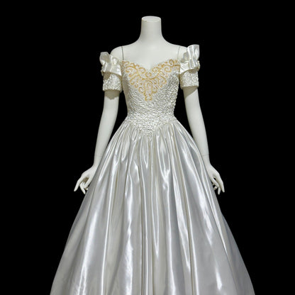 MIKE BENET, vintage 1980s evening dress, shiny white satin sequins prom wedding ball gown