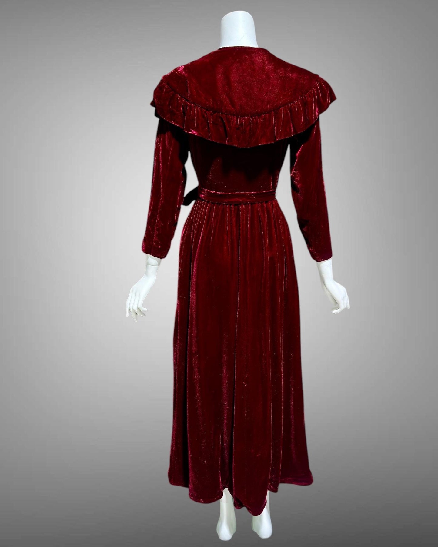 MOLLIE PARNIS Vintage Dressing Gown Housecoat, 1960s deep red velvet wrap front Robe