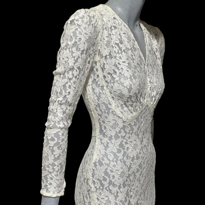 1940s vintage wedding bridal dress, white see through lace sheath full length gown