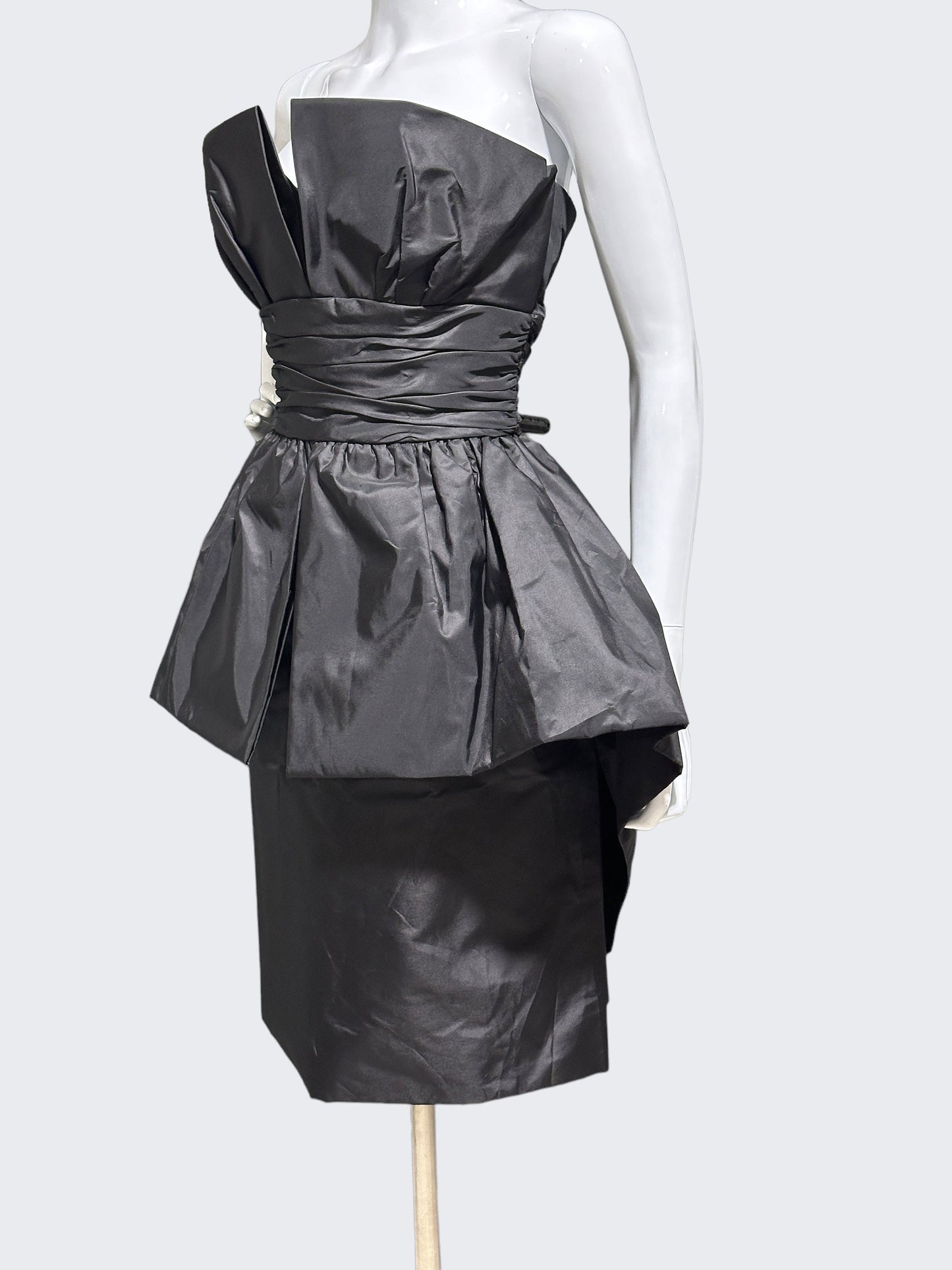 VICTOR COSTA 1980s vintage evening dress, Black Taffeta wiggle peplum avant garde party dress