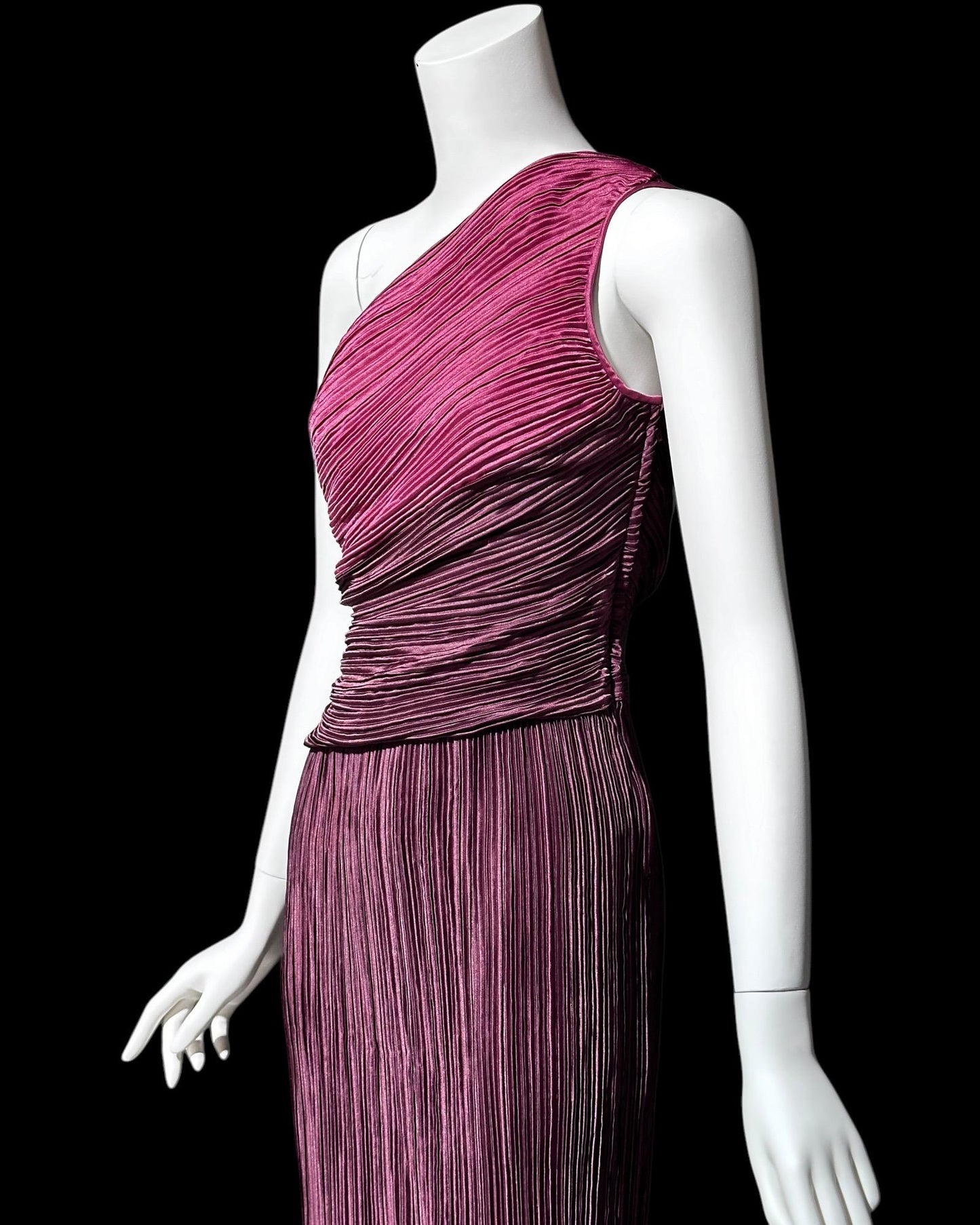 JERI vintage evening dress gown, 1970s one shoulder draped pleated formal gown, raspberry and plum grecian goddess gown