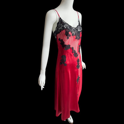 FREDERICK'S Attributed, vintage 1980s Slip Dress, Red and black satin and sheer mesh, lace and sequins, sheath night dress