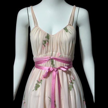 1950s Vintage nightgown slip dress, pink embroidered scattered rosebuds