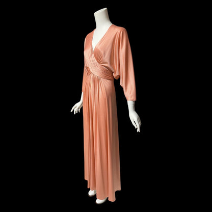 ESTEVEZ vintage 1970s evening dress, peachy copper jersey knit Goddess hostess dress