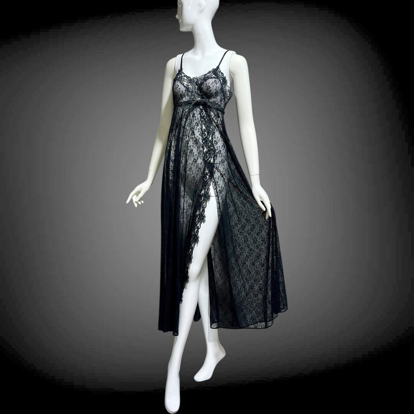 GLYDON'S vintage nightgown slip dress, Hollywood 1960s sheer black lace full length lingerie dress