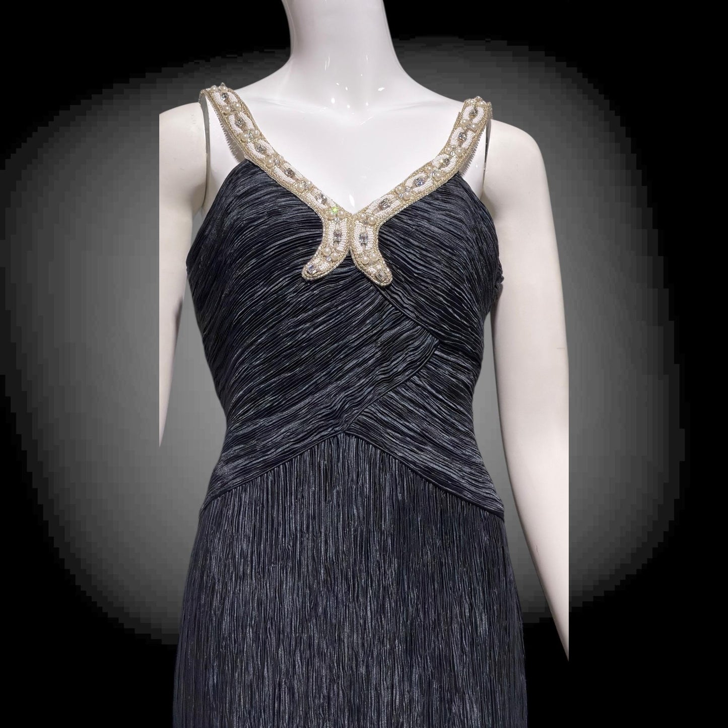 MARY MCFADDEN COUTURE vintage 1980s evening dress, I.Magnin black beaded plisse pleats gown