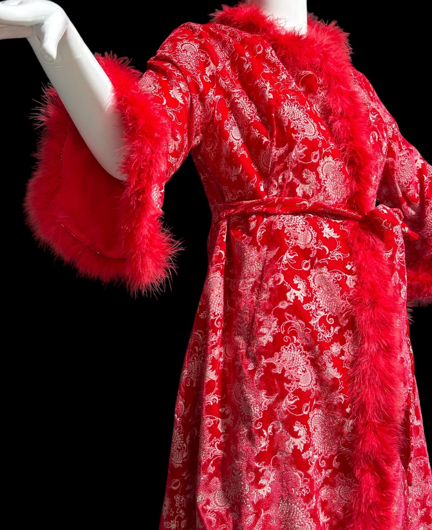 1970s vintage red velvet robe with marabou feather trim, wrap style housecoat