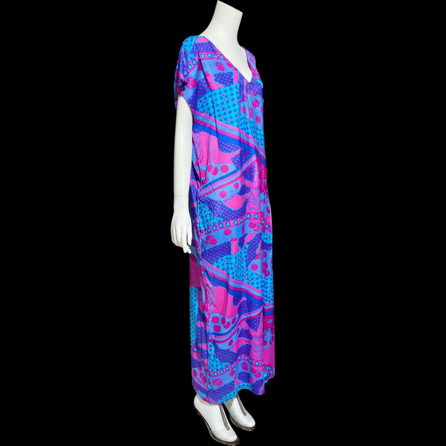 SULTANA by ADINI vintage 1970s caftan dress, blue purple and hot pink op art rayon