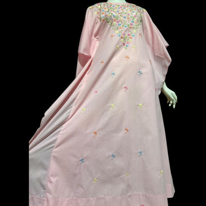 1970s vintage caftan dress, baby pink cotton, embroidered field of flowers, floral and cutwork Kaftan
