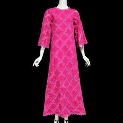 XIHUATL vintage 1960s Mexican cotton day dress, Hot Pink Pintuck Patchwork cotton and lace