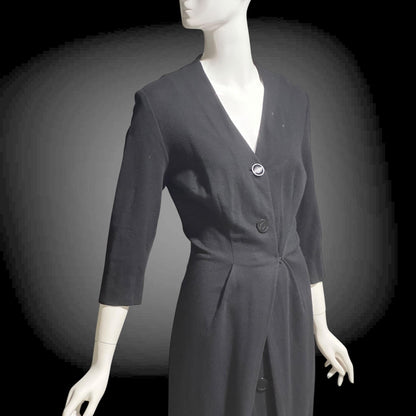 TRICOSA PARIS vintage 1950s coat dress, black knit bombshell wiggle dress, button front