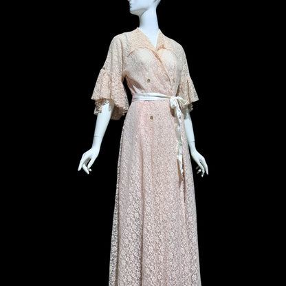 FLOBERT Vintage 1940s dressing gown robe, dusty pink sheer nylon lace wrap front full sweep housecoat hostess dress