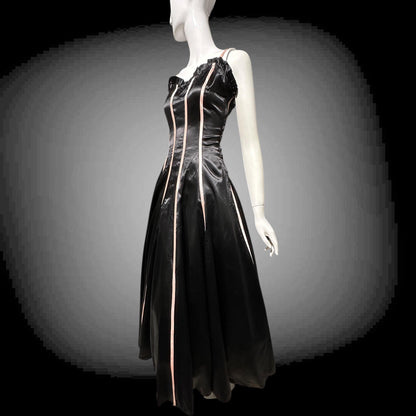1940s vintage Evening Ball Gown: Black Shiny Satin full sweep formal dress with pink ribbon stripes