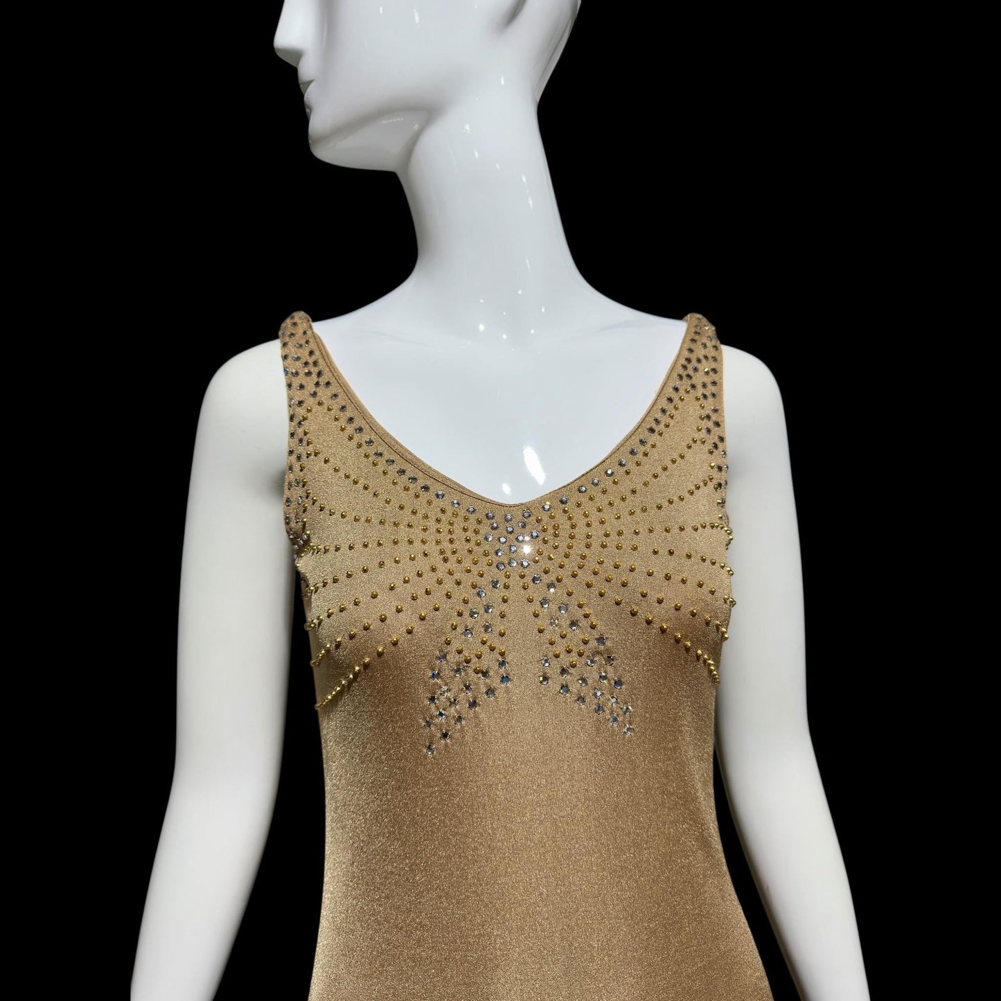 YOUNG DIMENSIONS SAKS Fifth Ave, vintage 1970s evening dress, Bronze slinky metallic knit maxi slip dress, Disco party cocktail dress