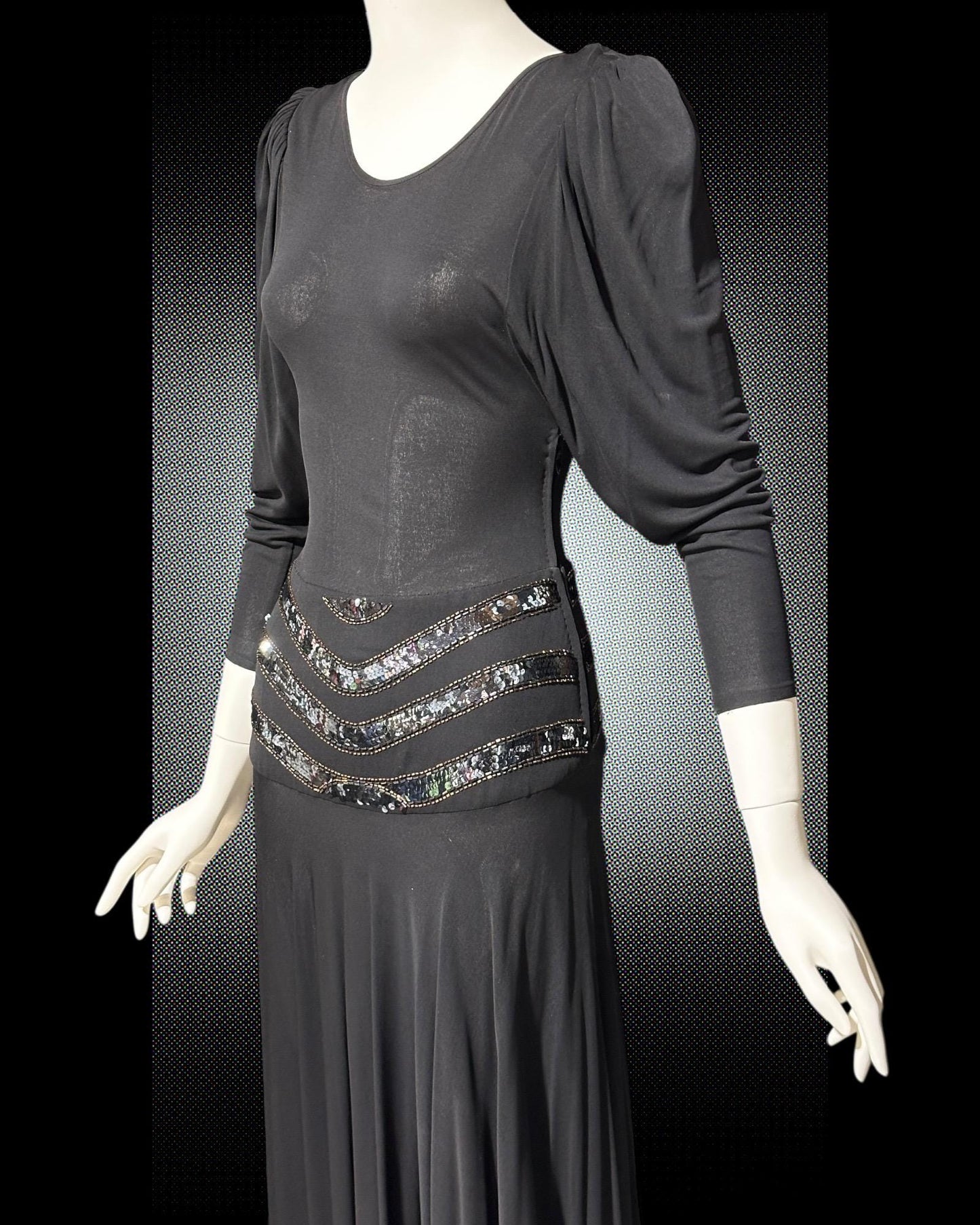 SAKS FIFTH AVENUE Made in England, 1970s evening dress, black jersey knit and sequins, 40s style dress