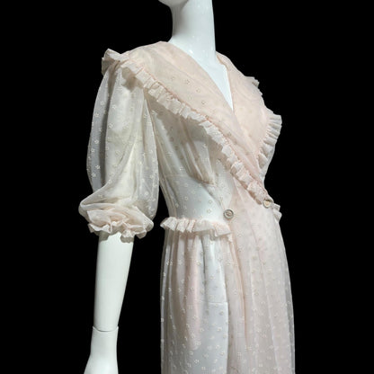 VANITY FAIR, 1940s Sheer Dressing Gown: Vintage Pink Flocked Robe, Wrap front