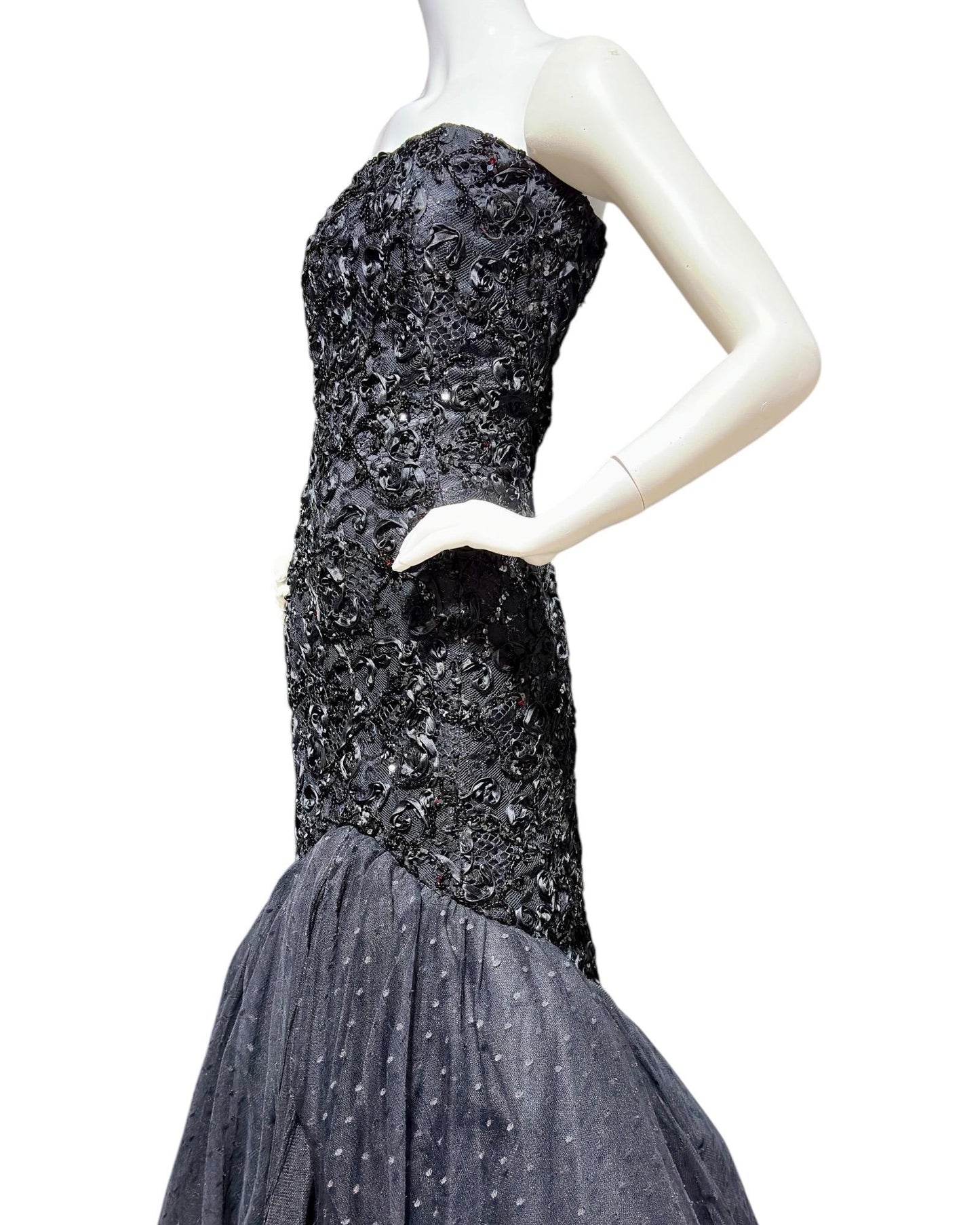 DAVID FIELDEN, vintage evening dress gown, 1980s Neiman Marcus, Black Mermaid sequin gown, Strapless