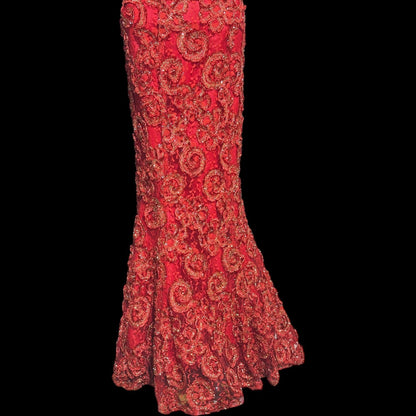 ALYCE DESIGNS, vintage 1980s evening dress, cherry red strapless sheath mermaid gown, bodycon and eyelash lace