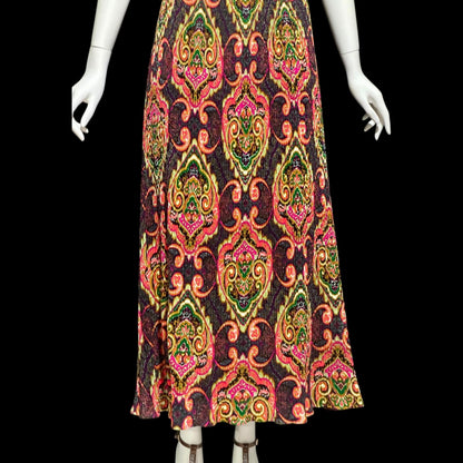FRED ROTHECHILD, vintage 1970s maxi dress, micro pleated skirt, neon op art paisley, casual day hippie boho dress