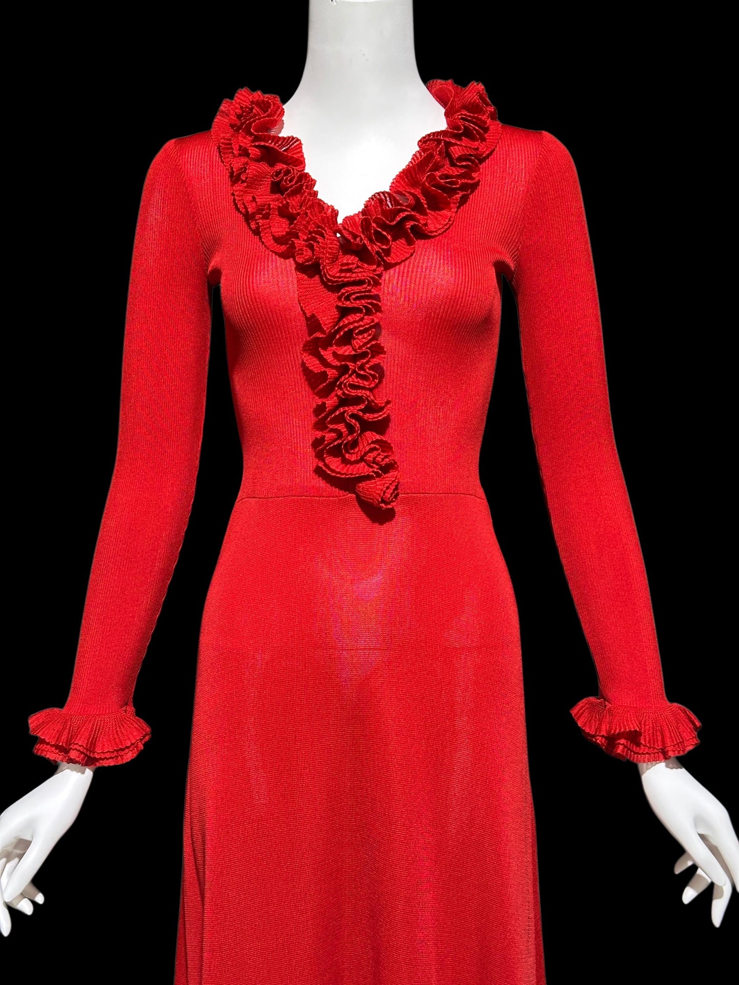 YOUNG DIMENSIONS for SAKS, vintage 1970s red knit maxi dress