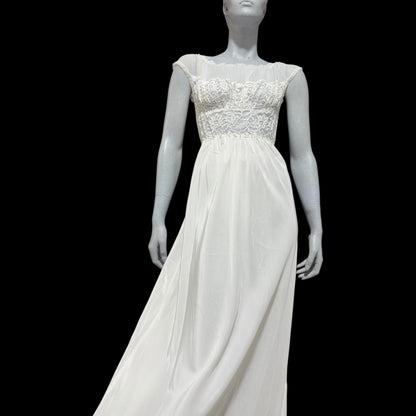 ARISTOCRAFT vintage 1940s nightgown slip dress, white sheer lace gown, bridal negligee lingerie dress