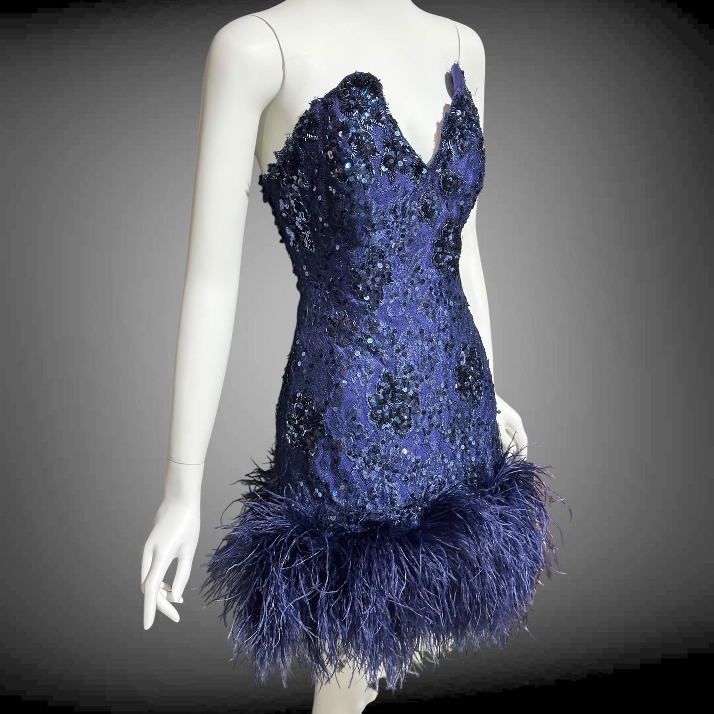 LILLIE RUBIN, vintage 1980s MINI Party Prom cocktail dress, Navy Blue Strapless sequin lace and ostrich feathers