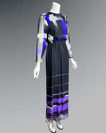 HANAE MORI for MARTHA Palm Beach, vintage 1970s chiffon evening gown, black and purple sheer blouson