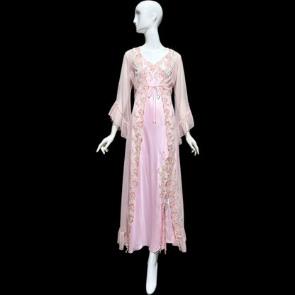 TERESA vintage Y2K nightgown robe set, Made in Italy, sheer pink lace sheath slip dress and peignoir set