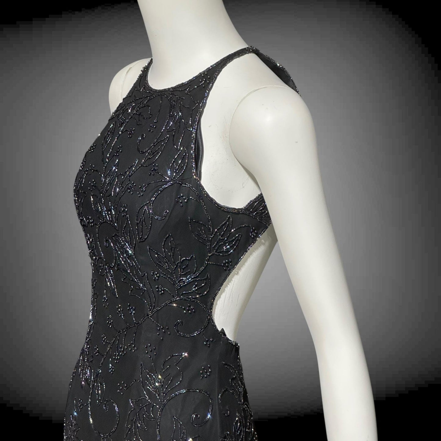 CACHE vintage 1990s evening dress, Bodycon black beaded racer back sheath slip dress, backless cocktail party dress