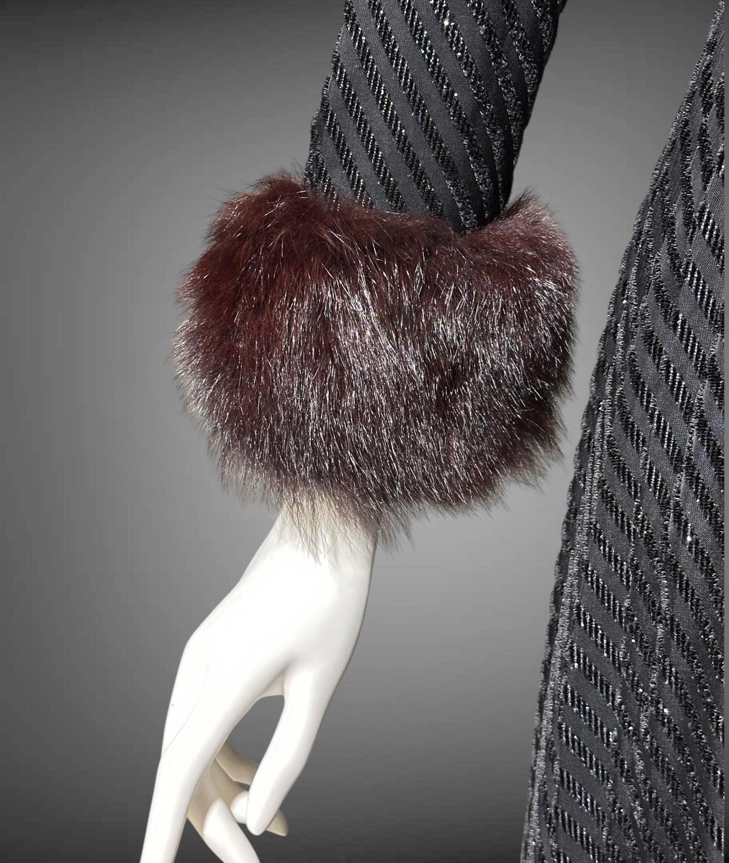 LILLIE RUBIN Vintage 1970s evening gown, Black eye lash Sparkly Gown with Fur Cuffs