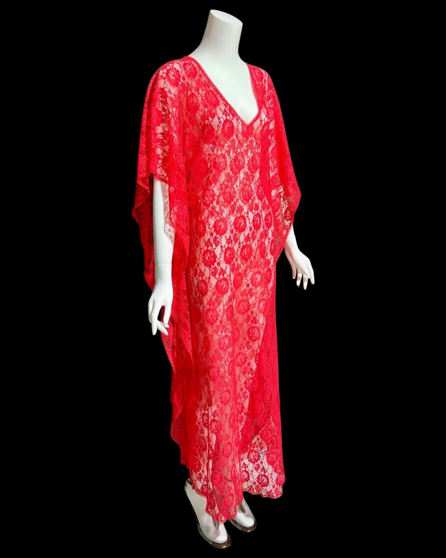 GLYDONS vintage 1960s caftan dress, Red lace sheer see through nylon kaftan