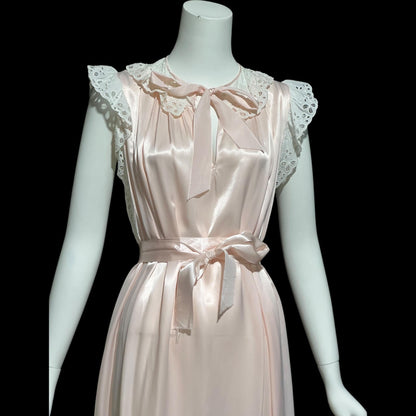 GODFRIED, vintage 1940s nightgown, Pink Bur-mil Rayon with white eyelet lace and waterfall back