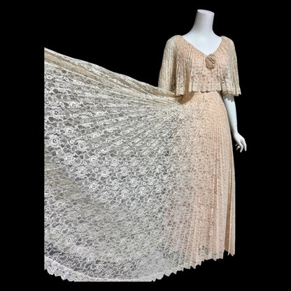1970s vintage evening dress, peachy lace pleated dress, ruffled cape collar hippie boho chic evening gown, 36 bust