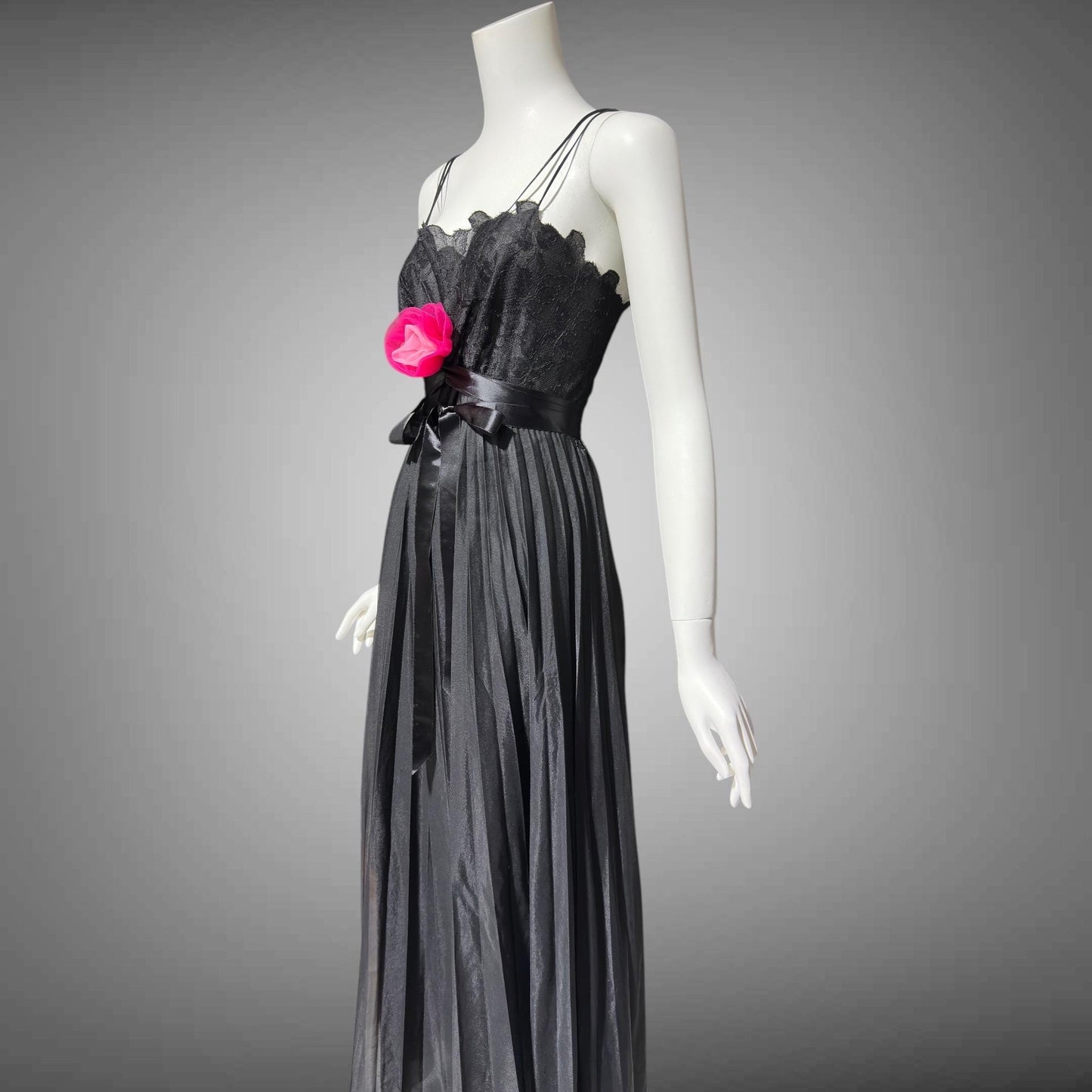 VANITY FAIR, vintage 1950s nightgown slip dress, Black sheer chiffon full pleated night dress, rosette Grecian goddess gown