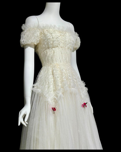 1950s vintage white prom dress, tea length net tulle cupcake evening gown, off the shoulder ball gown