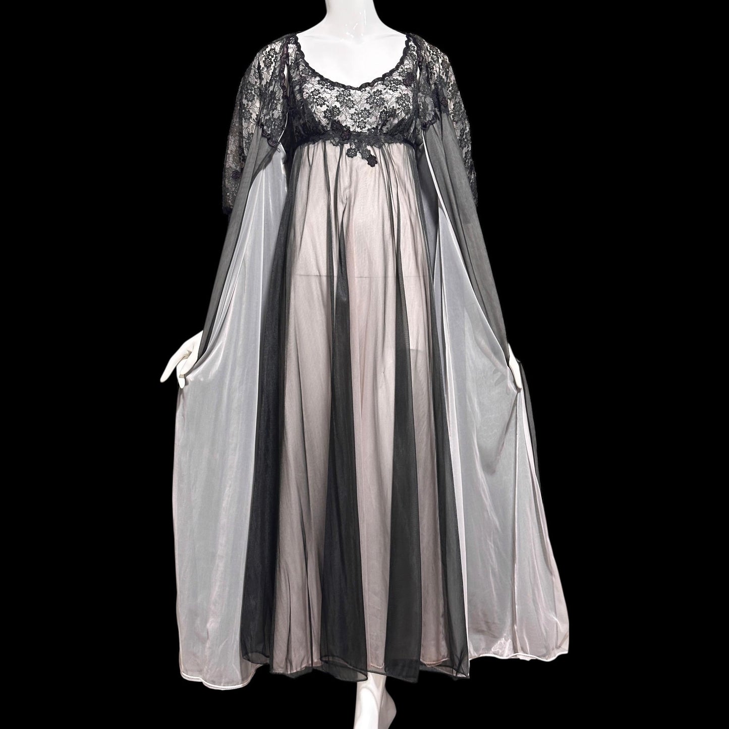 Warner's vintage 1960s peignoir set, frothy sheer black and pink chiffon nightgown robe set