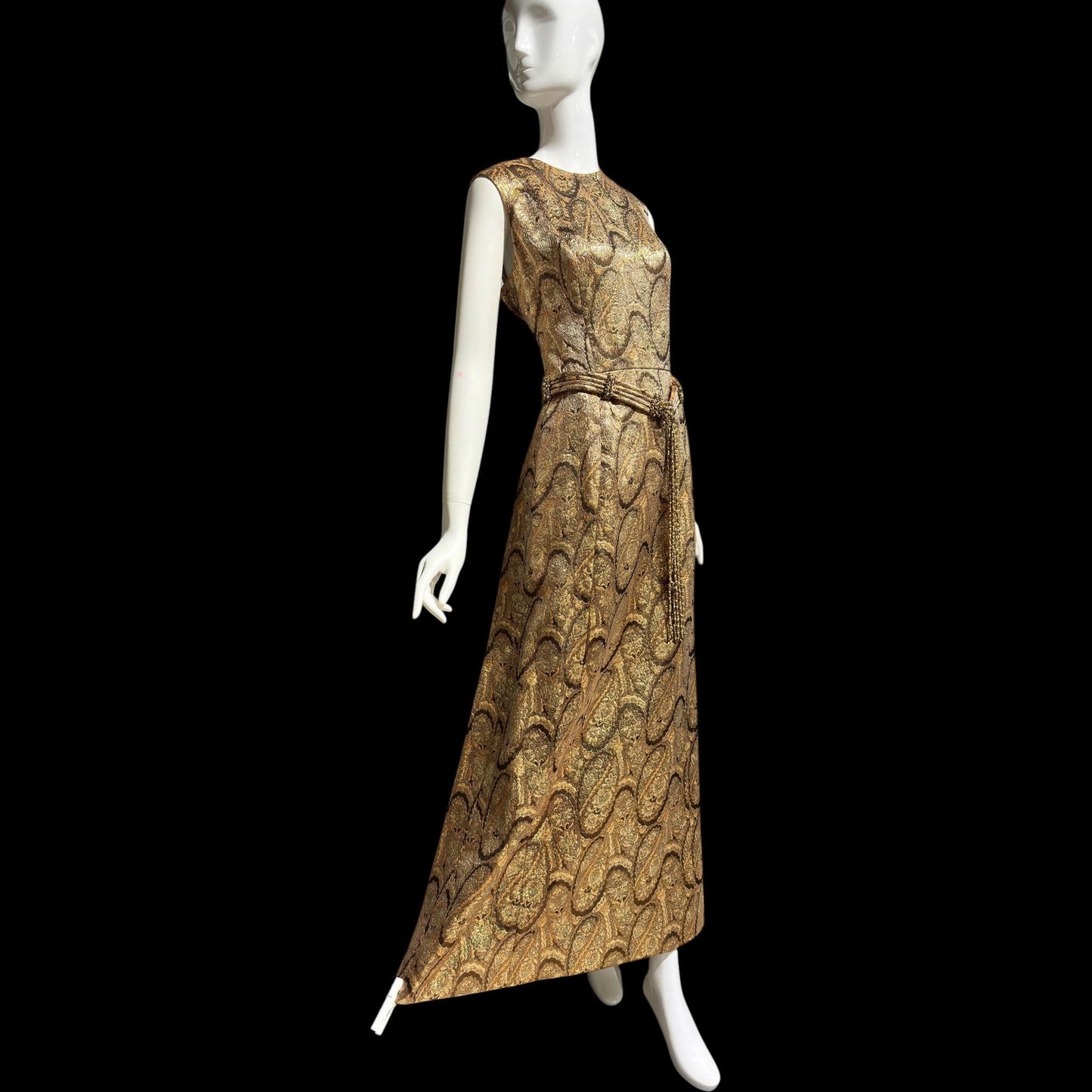 DYNASTY Vintage 1960s evening dress, TRULY SOCIAL metallic copper, gold, bronze and silver paisley gown