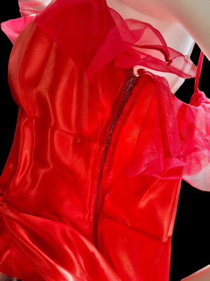 1940s vintage nightgown slip dress, Shiny lipstick red satin with a sheer mesh tulle ruffled trim