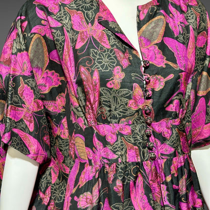 DESIGN THAI BANGKOK, vintage 1960s caftan dress, maxi party dress, hot pink butterfly print silk dress