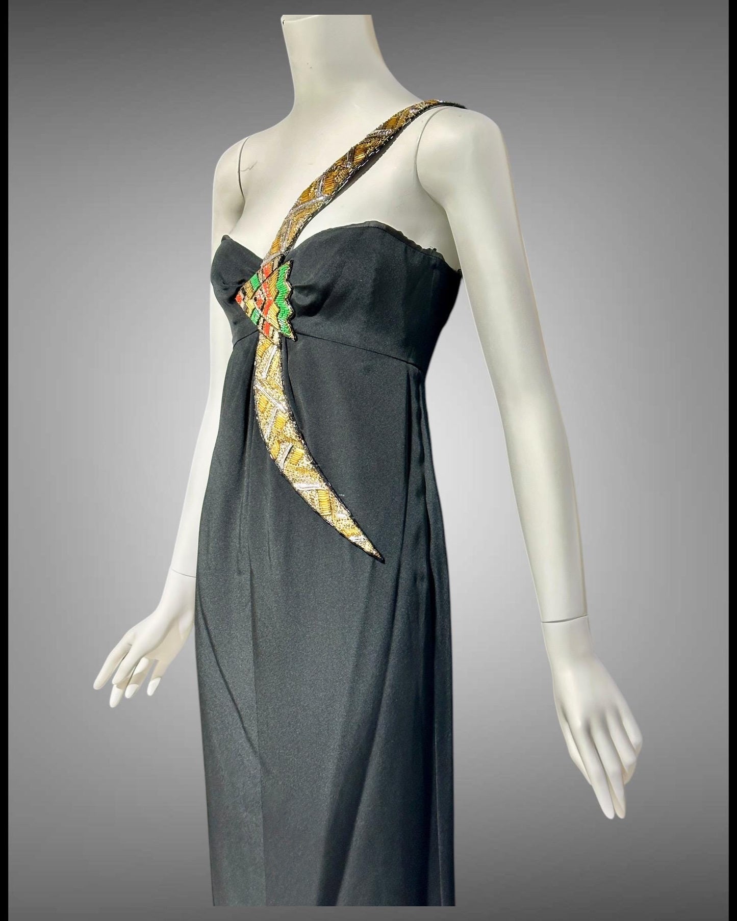 BERNARD PERRIS, vintage 1980s evening dress, black silk beaded one shoulder sheath column gown