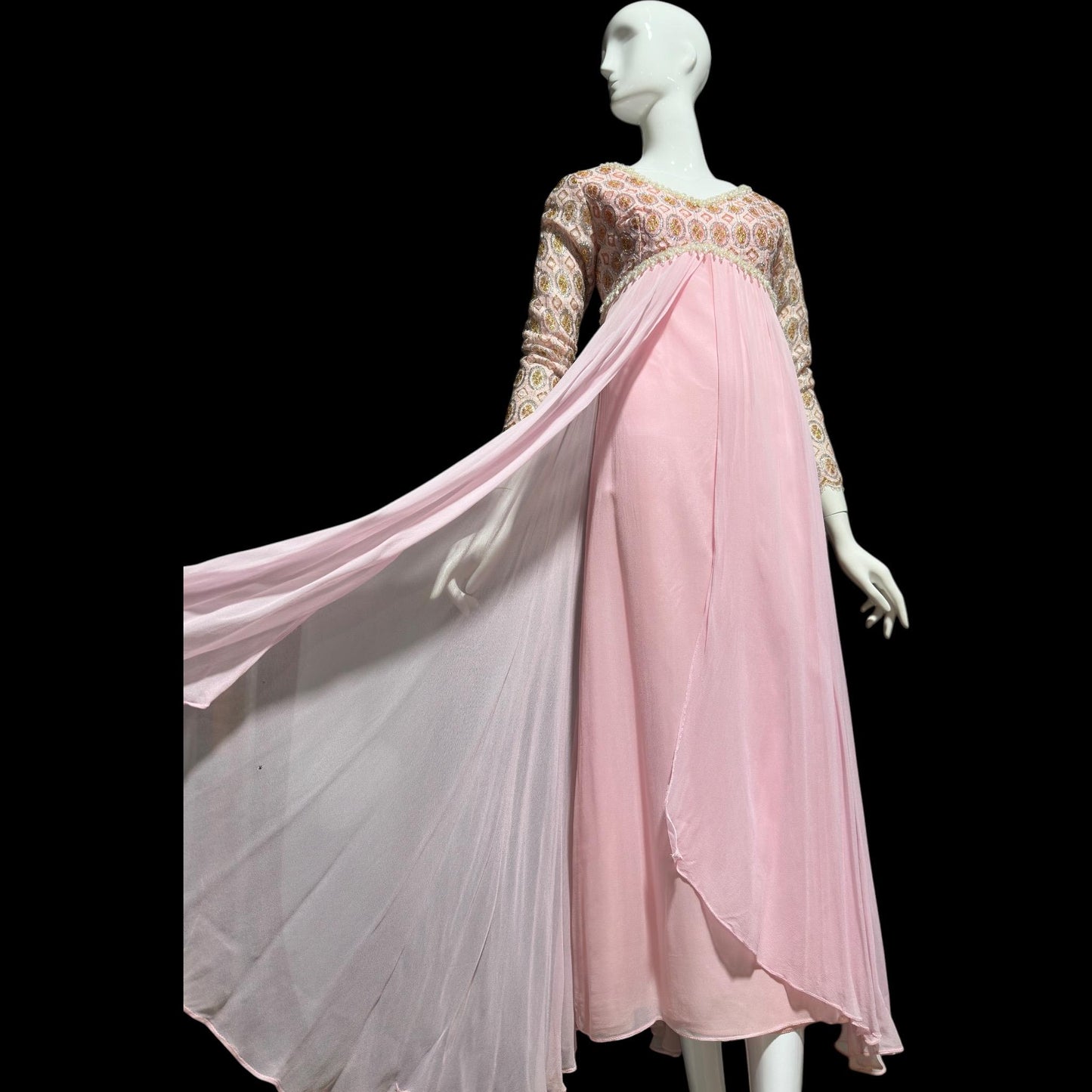 1960s Vintage evening dress, pink Bridgerton silk chiffon empire waist beaded lace formal scarf gown