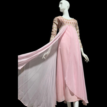 1960s Vintage evening dress, pink Bridgerton silk chiffon empire waist beaded lace formal scarf gown