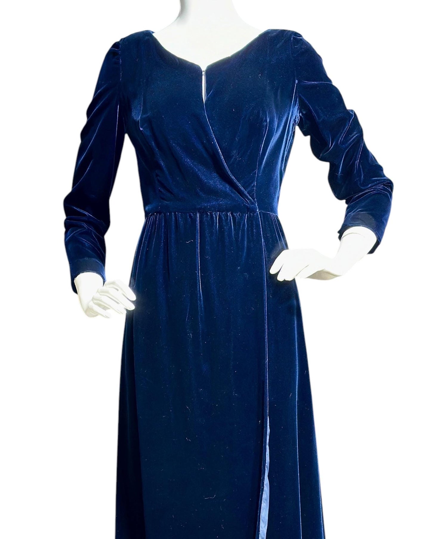 MOLLIE PARNIS vintage 1960s blue velvet wrap evening dress, Morty Sussman