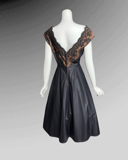 DOROTHY O'HARA, vintage 1950s dress, Black polished cotton and lace fit and flare cocktail party evening dress