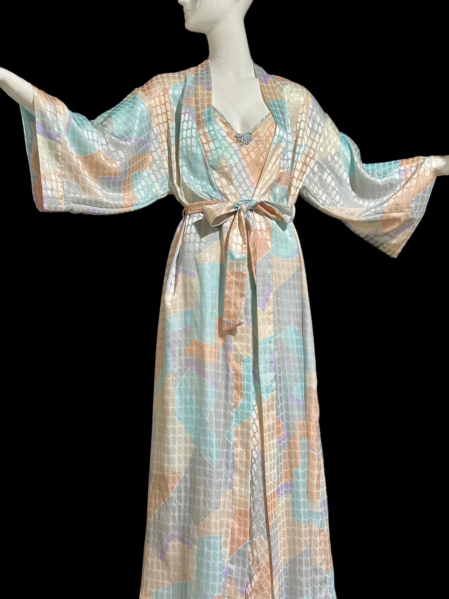 GEORGETTE TRABOLSI vintage 1980s nightgown robe peignoir set, pastel abstract slip dress and dressing robe set