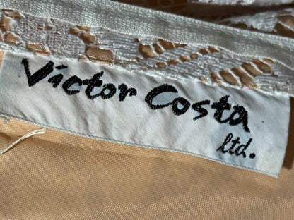 VICTOR COSTA, vintage 1970s evening dress, white and peach lace high neck column dress