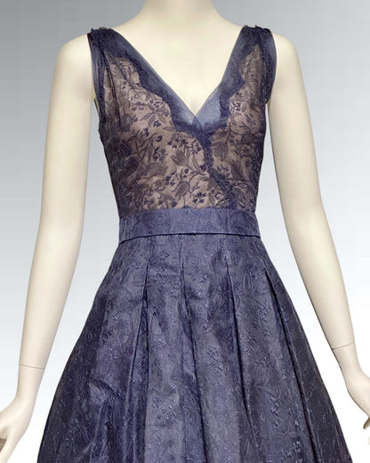 OLDRIC ROYCE by Tony Abate, vintage 1950s evening cocktail dress, navy organza fit and flare party dress