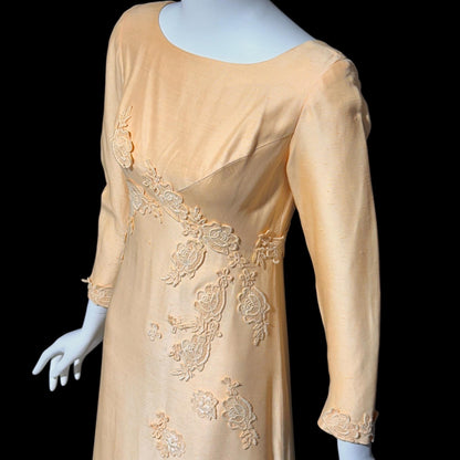 1960s Vintage evening bridesmaid dress, PEACH raw silk Mod gown, Long sleeves empire waist with flower appliques'